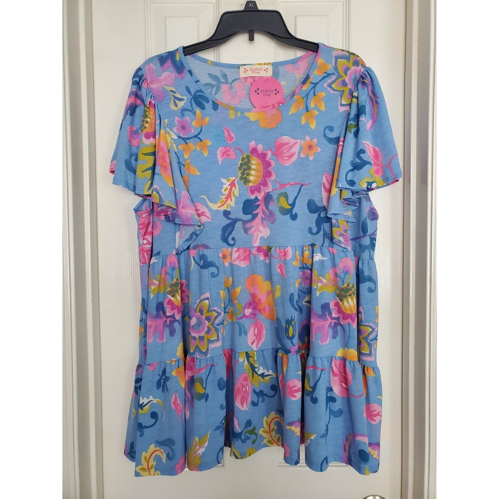 Stretchy Comfortable Feminine Blue Floral Flutter Sleeve Tiered Babydoll Top 3XL
